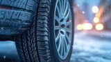 Close up of Car tires in winter on the road covered with snow. Winter tire. Generative Ai