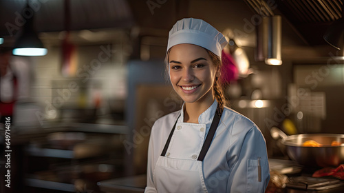Portrait of A smiling female chef in the kitchen. Generative Ai
