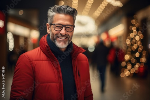 Middle aged smiling handsome man in glasses and red jacket smiling looking at the camera in the shopping mall next to Christmas tree
