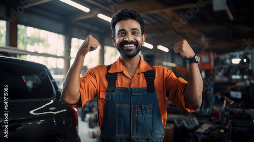 Happy Indian auto mechanic in overalls repairing cars at service center