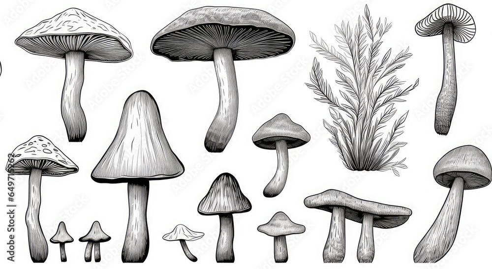 Set of black mushrooms. Outline with white transparent background. Sketch illustration. Design for children colouring book