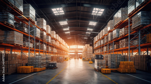 Product distribution center, Retail warehouse full of shelves with goods in cartons, with pallets and forklifts. Logistics and transportation concept. Generative Ai