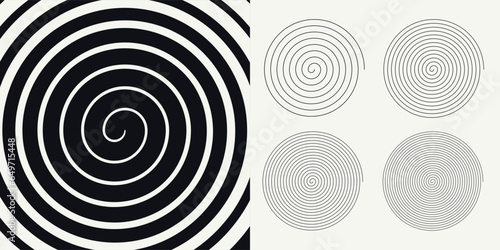 Abstract black hypnotic circle shapes are isolated on a background. The design features editable stroke psychedelic spiral lines and a geometric twirl spiral collection. Vector illustration
