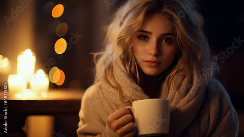 Attractive young woman cozy candles interior drinking hot beverage like coffee or tea from cup in the cold season. Generative AI