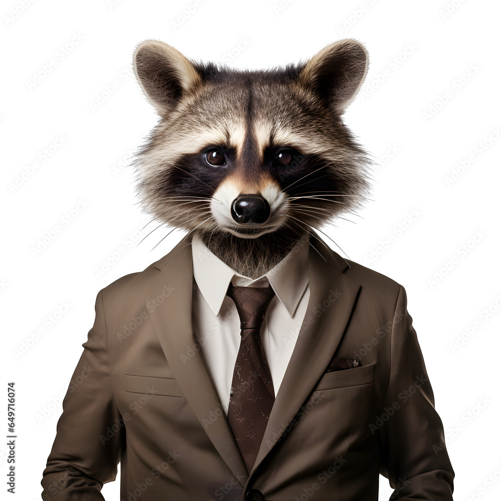front view of a raccoon animal in a suit isolated on a white transparent background - obrazy, fototapety, plakaty 