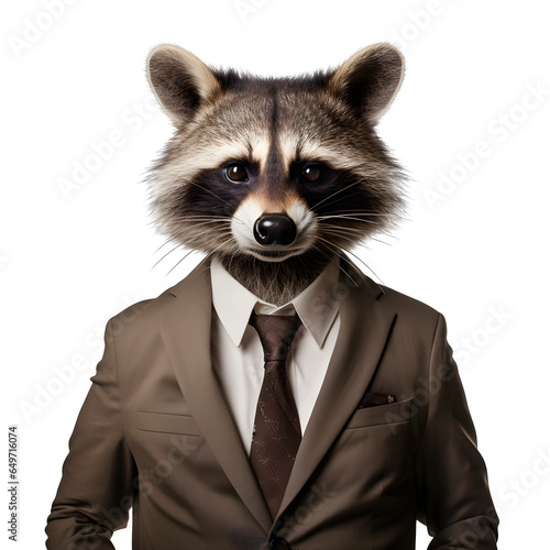 front view of a raccoon animal in a suit isolated on a white transparent background