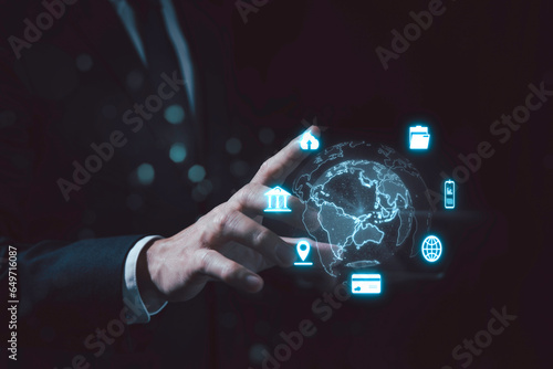 Data analysis of financial and banking, Stock, AI, Technology and data connection, Security, Blockchain and Networking, Business strategy.Business and economic growth on global business network,