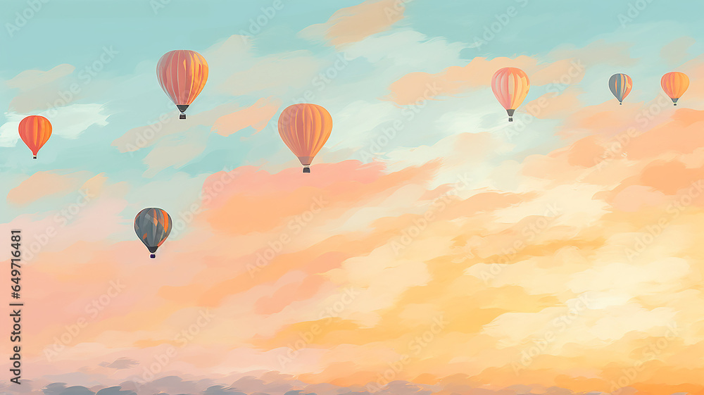 Obraz premium the balloon is flying against the background of the sunset sky landscape travel freedom adventure oil paints.