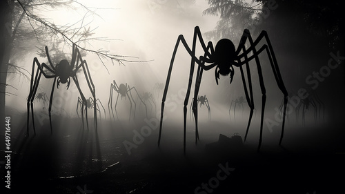 phobia fear horror, silhouette of a huge spider in a foggy forest.