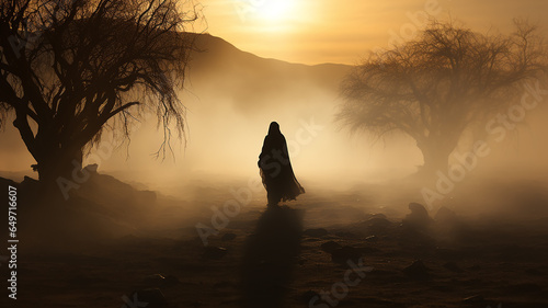 silhouette of an ancient dark traveler in the desert at sunset biblical story.