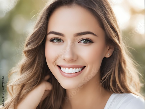 A closeup portrait of young Asian smiling woman with clean white teeth. Generative AI © Ai Smartist