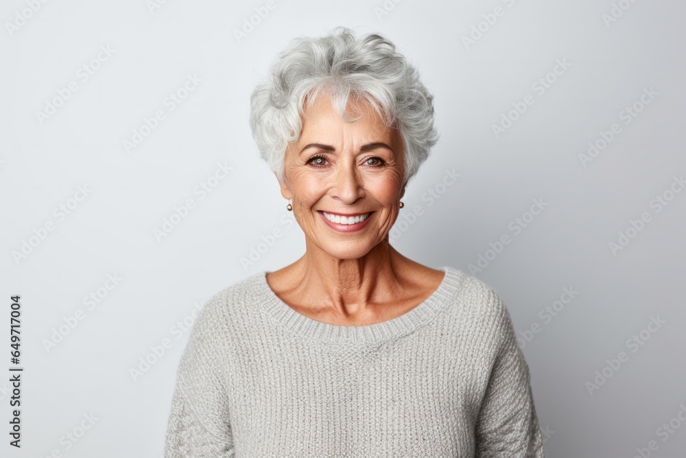 portrait of a Polish woman in her 70s wearing a cozy sweater against a white background portrait of a Polish woman in her 70s wearing a cozy sweater against a white background