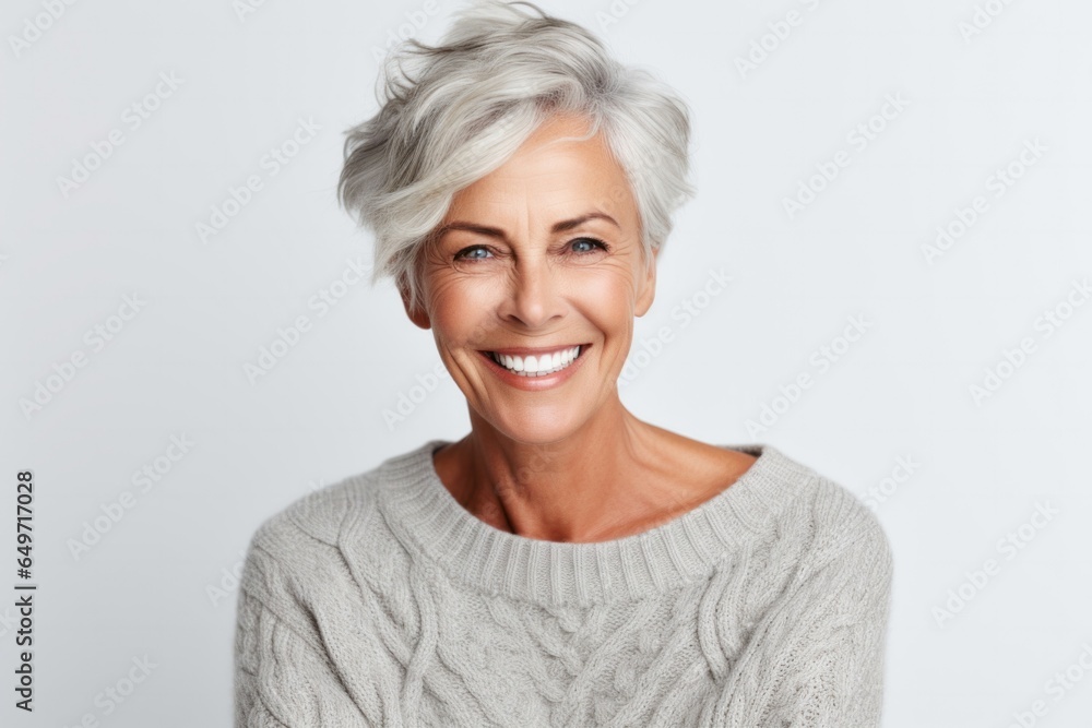 portrait of a Polish woman in her 60s wearing a cozy sweater against a white background portrait of a Polish woman in her 60s wearing a cozy sweater against a white background