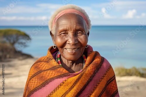 portrait of a confident 100-year-old elderly Kenyan woman wearing a cozy sweater against a beach background © Robert MEYNER