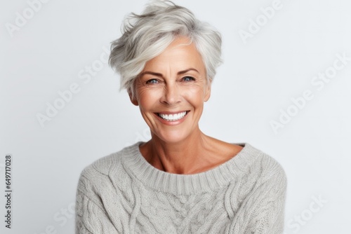 portrait of a Polish woman in her 60s wearing a cozy sweater against a white background