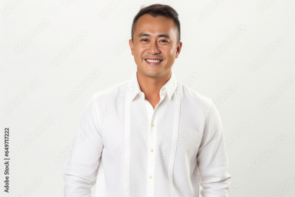 portrait of a confident Filipino man in his 40s wearing a chic cardigan against a white background portrait of a confident Filipino man in his 40s wearing a chic cardigan against a white background