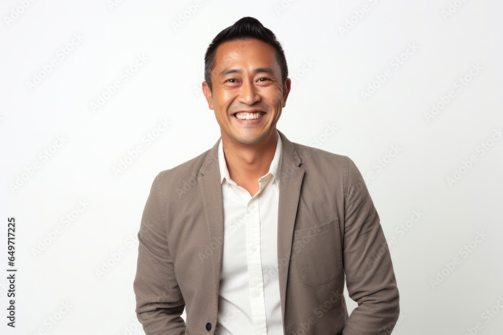 portrait of a confident Filipino man in his 40s wearing a chic cardigan against a white background portrait of a confident Filipino man in his 40s wearing a chic cardigan against a white background