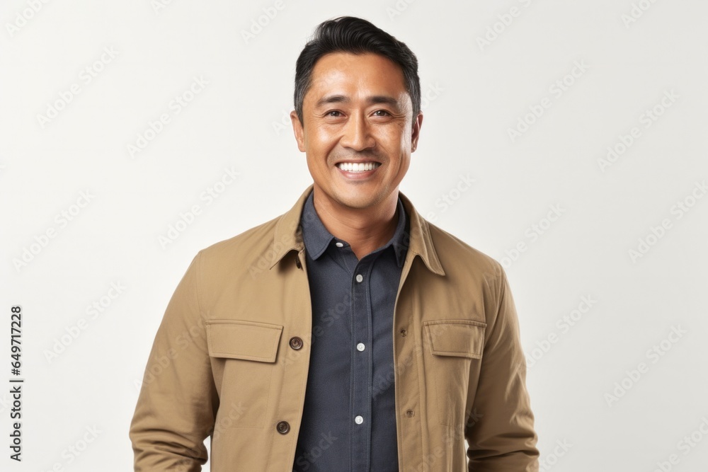 portrait of a confident Filipino man in his 40s wearing a chic cardigan against a white background portrait of a confident Filipino man in his 40s wearing a chic cardigan against a white background
