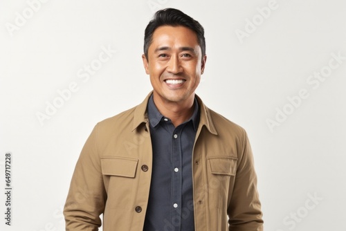 portrait of a confident Filipino man in his 40s wearing a chic cardigan against a white background