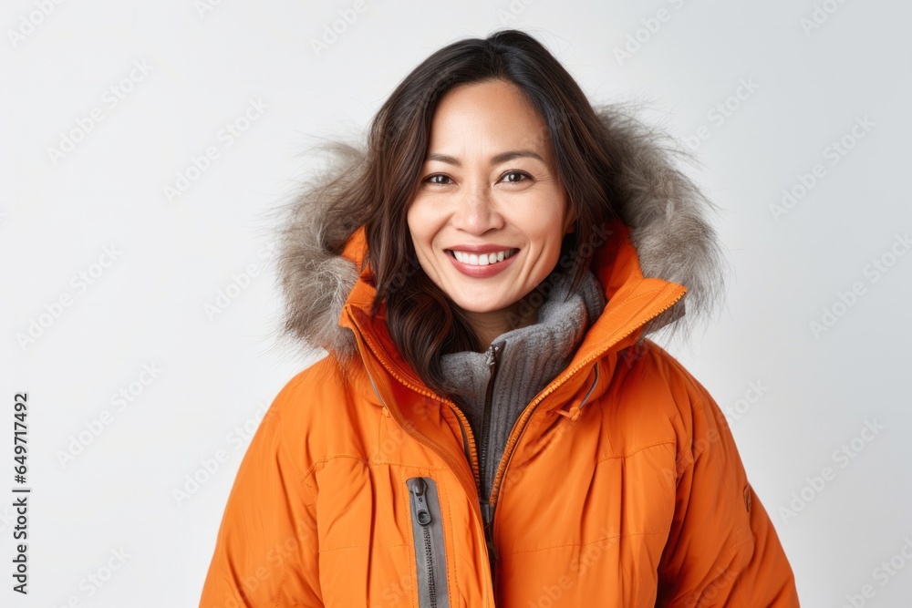 portrait of a confident Filipino woman in her 40s wearing a warm parka against a white background portrait of a confident Filipino woman in her 40s wearing a warm parka against a white background