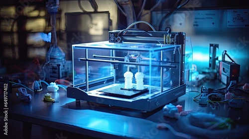 3d-printer in lights of blue lighting photo