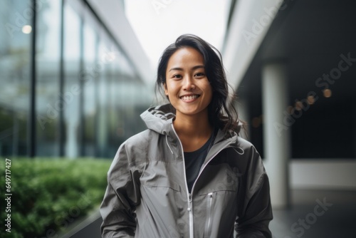 portrait of a confident Filipino woman in her 30s wearing a lightweight windbreaker against a modern architectural background photo