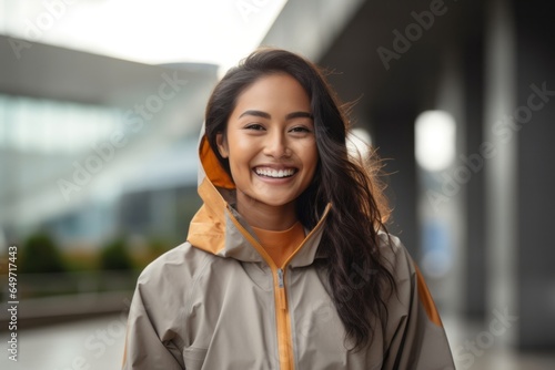 portrait of a confident Filipino woman in her 30s wearing a lightweight windbreaker against a modern architectural background photo