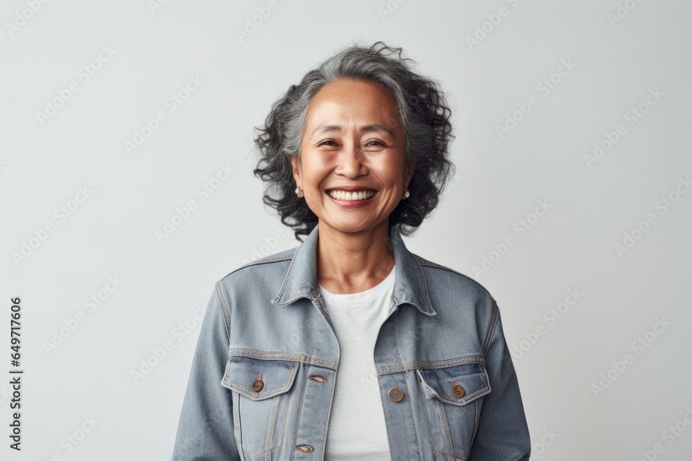 portrait of a confident Filipino woman in her 60s wearing a denim jacket against a minimalist or empty room background portrait of a confident Filipino woman in her 60s wearing a denim jacket against a minimalist or empty room background