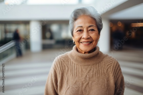 portrait of a confident Filipino woman in her 80s wearing a cozy sweater against a modern architectural background