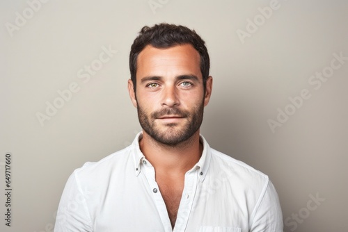 portrait of a confident Israeli man in his 30s wearing a chic cardigan against a pastel or soft colors background © Robert MEYNER