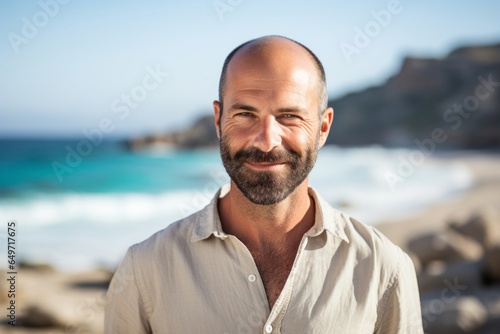 portrait of a confident Israeli man in his 40s wearing a chic cardigan against a beach background