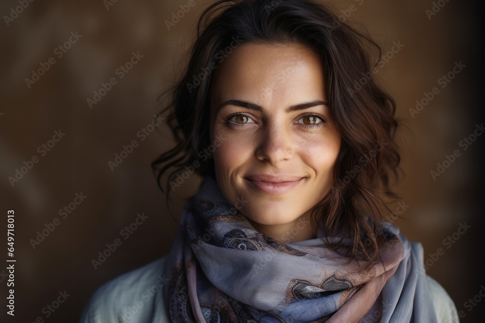 portrait of a confident Israeli woman in her 30s wearing a foulard against an abstract background portrait of a confident Israeli woman in her 30s wearing a foulard against an abstract background