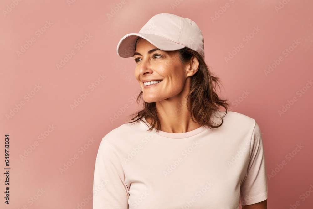 portrait of a confident Israeli woman in her 40s wearing a cool cap or hat against a pastel or soft colors background portrait of a confident Israeli woman in her 40s wearing a cool cap or hat against a pastel or soft colors background