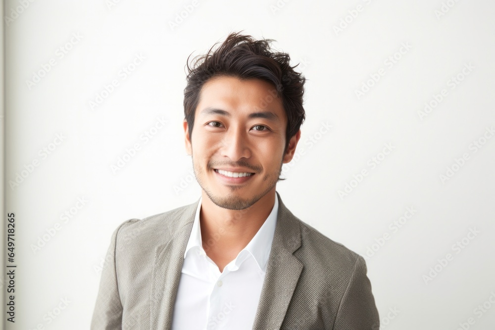 portrait of a confident Japanese man in his 30s wearing a chic cardigan against a minimalist or empty room background portrait of a confident Japanese man in his 30s wearing a chic cardigan against a minimalist or empty room background