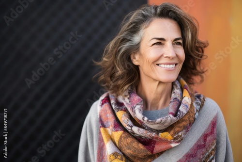 portrait of a confident Israeli woman in her 60s wearing a cozy sweater against an abstract background