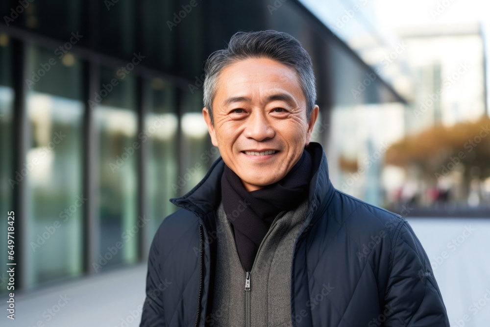 portrait of a confident Japanese man in his 50s wearing a chic cardigan against a modern architectural background portrait of a confident Japanese man in his 50s wearing a chic cardigan against a modern architectural background