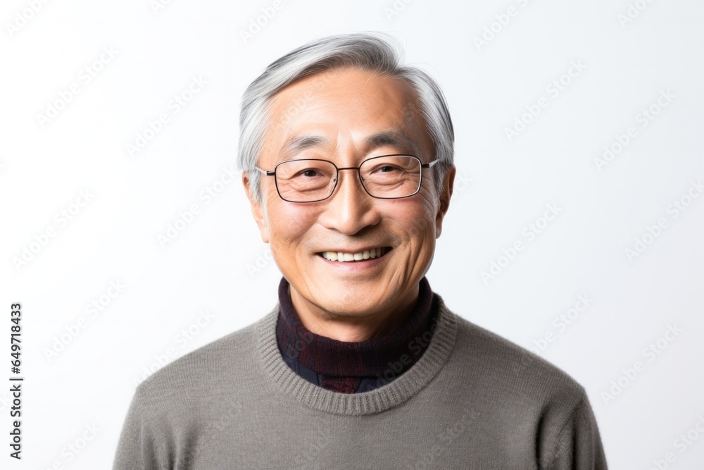 portrait of a confident Japanese man in his 60s wearing a chic cardigan against a white background portrait of a confident Japanese man in his 60s wearing a chic cardigan against a white background
