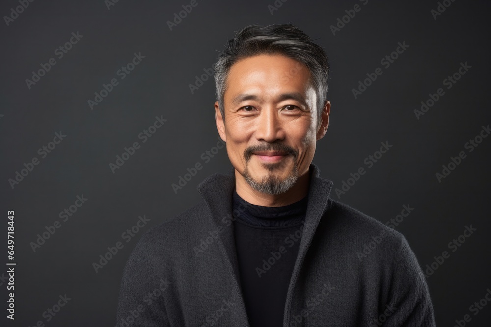 portrait of a confident Japanese man in his 40s wearing a chic cardigan against an abstract background
