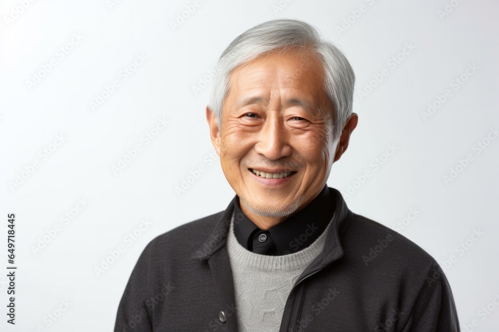 portrait of a confident Japanese man in his 70s wearing a chic cardigan against a white background portrait of a confident Japanese man in his 70s wearing a chic cardigan against a white background
