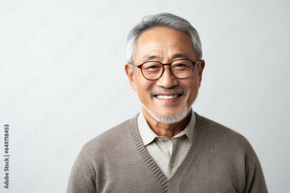 portrait of a confident Japanese man in his 60s wearing a chic cardigan against a white background portrait of a confident Japanese man in his 60s wearing a chic cardigan against a white background