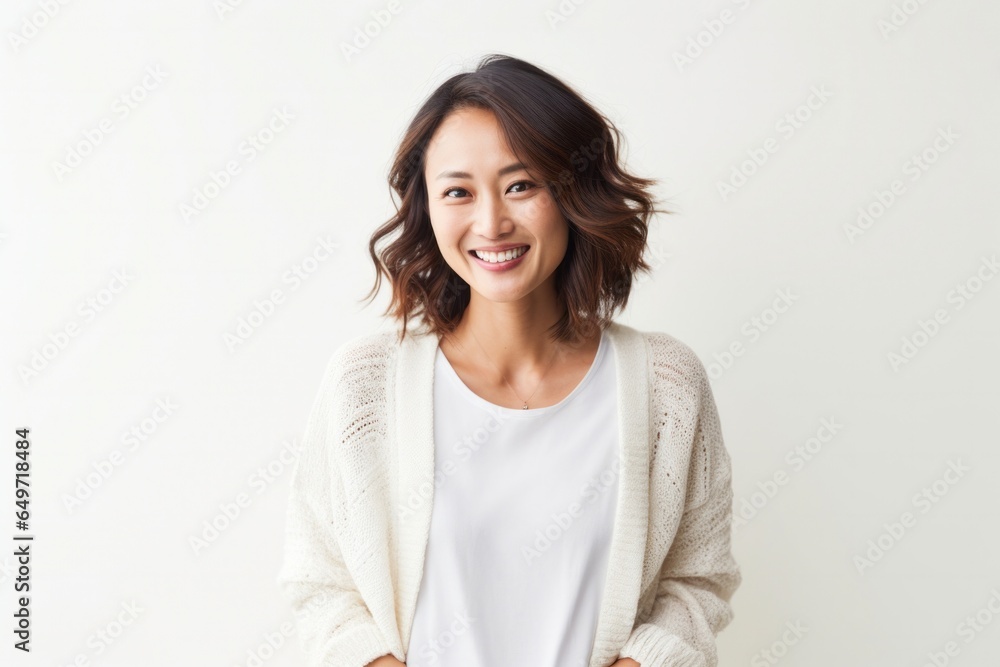 portrait of a confident Japanese woman in her 30s wearing a chic cardigan against a minimalist or empty room background portrait of a confident Japanese woman in her 30s wearing a chic cardigan against a minimalist or empty room background