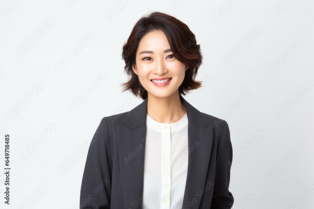 portrait of a confident Japanese woman in her 30s wearing a chic cardigan against a white background portrait of a confident Japanese woman in her 30s wearing a chic cardigan against a white background