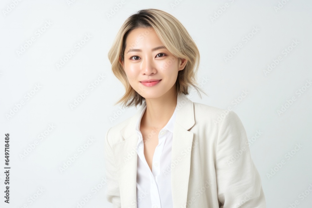 portrait of a confident Japanese woman in her 30s wearing a chic cardigan against a white background portrait of a confident Japanese woman in her 30s wearing a chic cardigan against a white background