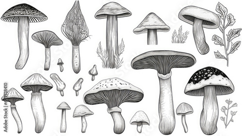 Set of black mushrooms. Outline with white transparent background. Sketch illustration. Design for children colouring book