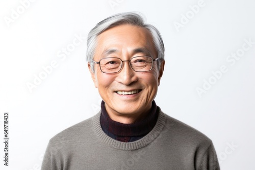 portrait of a confident Japanese man in his 60s wearing a chic cardigan against a white background © Robert MEYNER