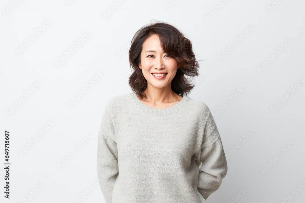 portrait of a confident Japanese woman in her 40s wearing a cozy sweater against a white background portrait of a confident Japanese woman in her 40s wearing a cozy sweater against a white background