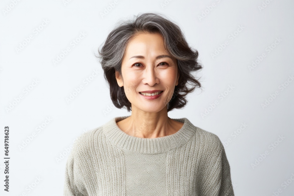 portrait of a confident Japanese woman in her 50s wearing a cozy sweater against a white background portrait of a confident Japanese woman in her 50s wearing a cozy sweater against a white background