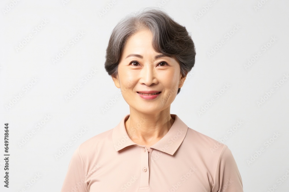 portrait of a confident Japanese woman in her 50s wearing a sporty polo shirt against a white background portrait of a confident Japanese woman in her 50s wearing a sporty polo shirt against a white background