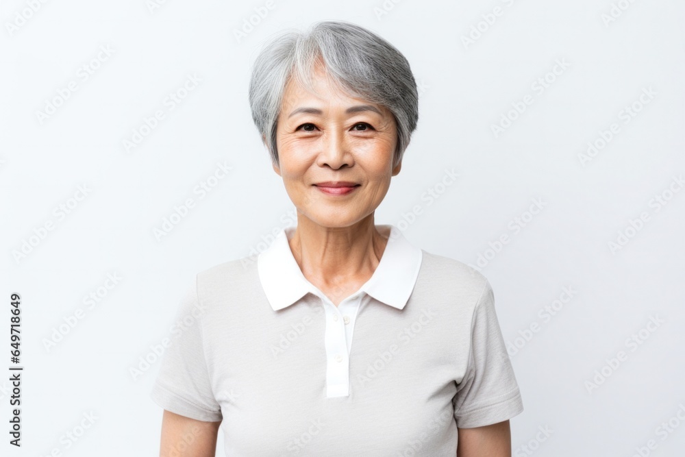 portrait of a confident Japanese woman in her 50s wearing a sporty polo shirt against a white background portrait of a confident Japanese woman in her 50s wearing a sporty polo shirt against a white background