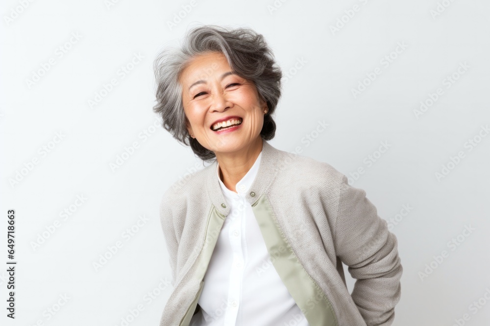 portrait of a confident Japanese woman in her 60s wearing a chic cardigan against a white background portrait of a confident Japanese woman in her 60s wearing a chic cardigan against a white background